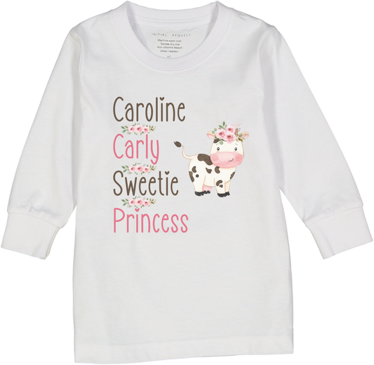 White Cute Cow Floral Four-Name Personalized Long-Sleeve Tee