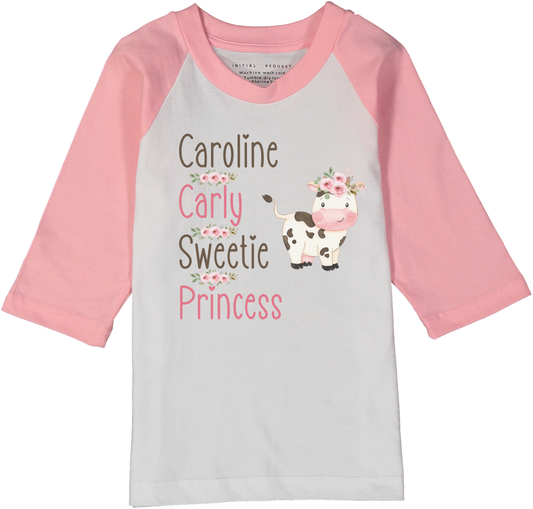 Pink & White Cute Cow Floral Four-Name Personalized Raglan Tee