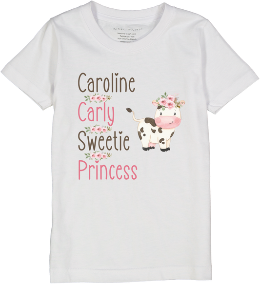 White Cute Cow Floral Four-Name Personalized Short-Sleeve Tee