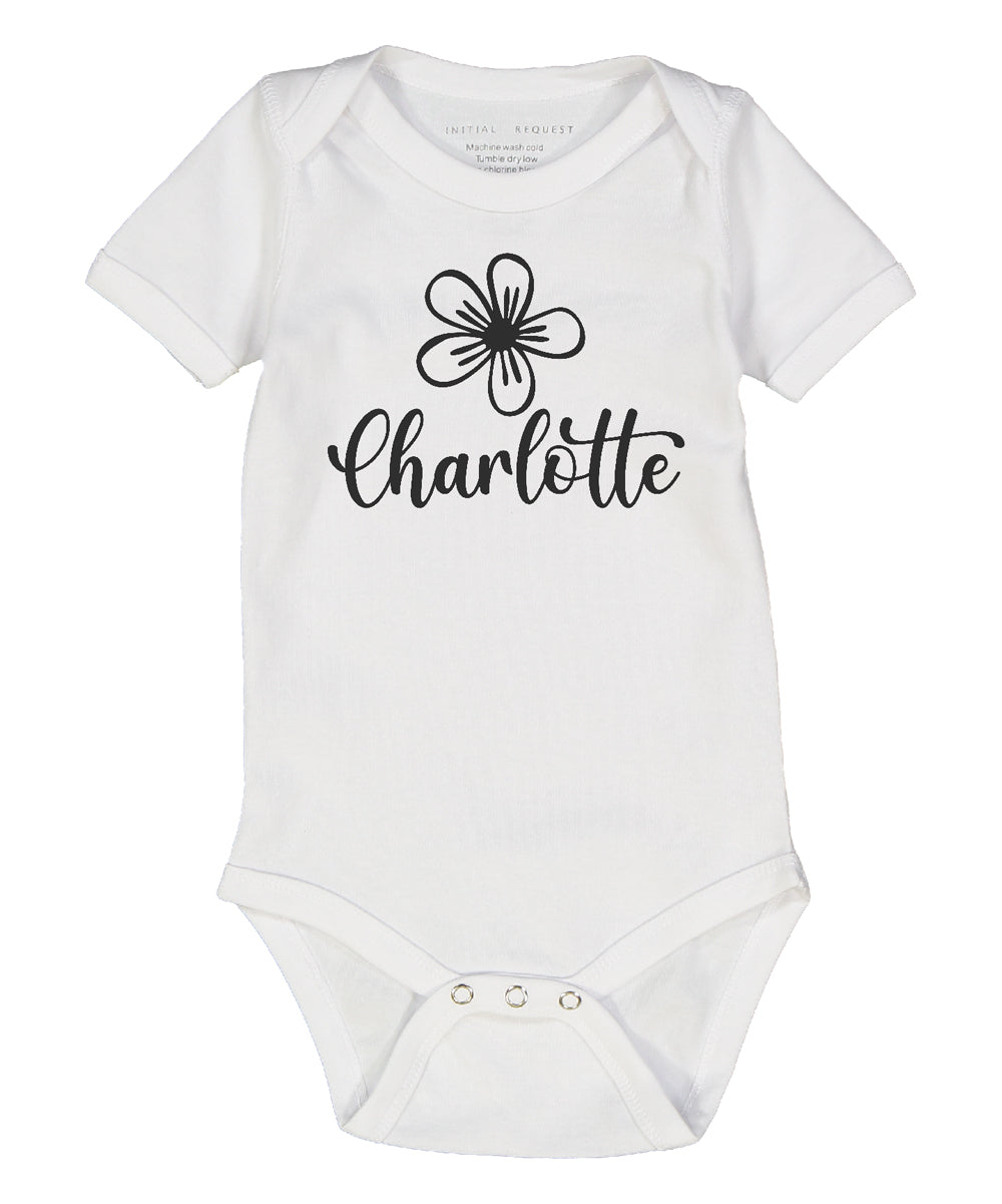 Personalized Script name with flower Short Sleeve Infant Onesie