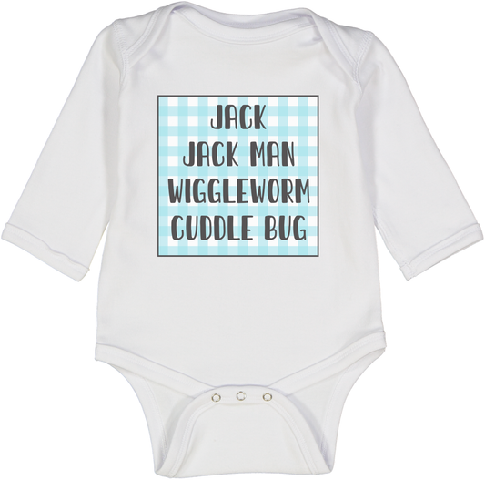 White & Blue Gingham Frame Four-Name Personalized Long-Sleeve Bodysuit