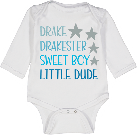 White & Blue Star Four-Name Personalized Long-Sleeve Bodysuit
