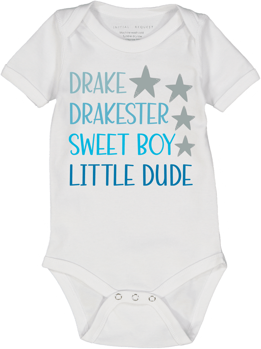 White & Blue Star Four-Name Personalized Short-Sleeve Bodysuit