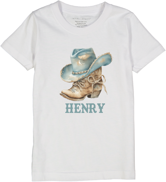 Western Cowboy Boot with Blue Hat Short Sleeve Tee