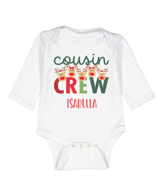Personalized Christmas Cousin Crew Reindeer Baby Long Sleeve Bodysuit