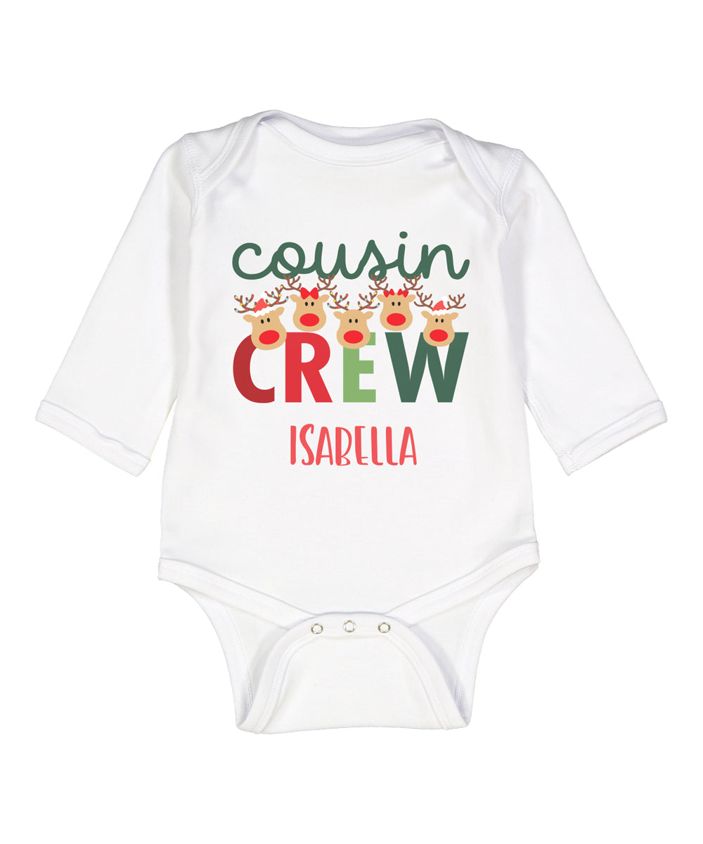 Personalized Christmas Cousin Crew Reindeer Baby Long Sleeve Bodysuit