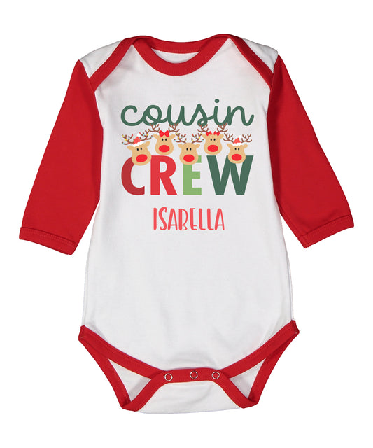 Personalized Christmas Cousin Crew Reindeer Red Raglan Baby Bodysuit