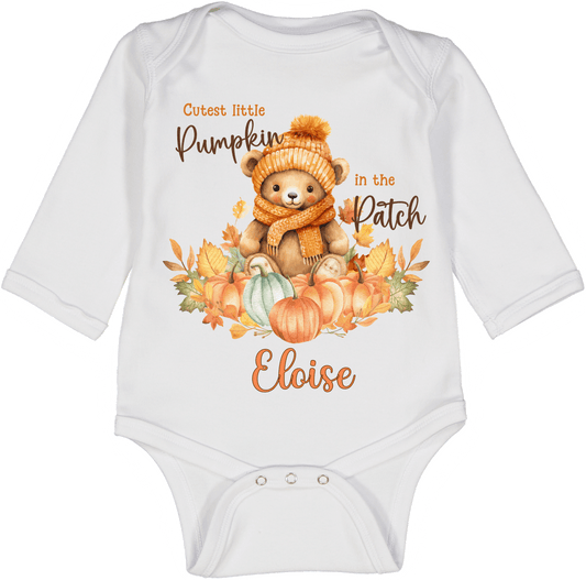 Personalized Cutest Little Pumpkin Patch Long Sleeve Onesie