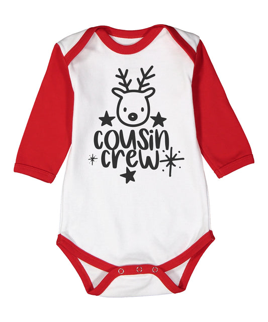 Reindeer Cousin Crew Red, Gray, and Pink Raglan Baby Bodysuit