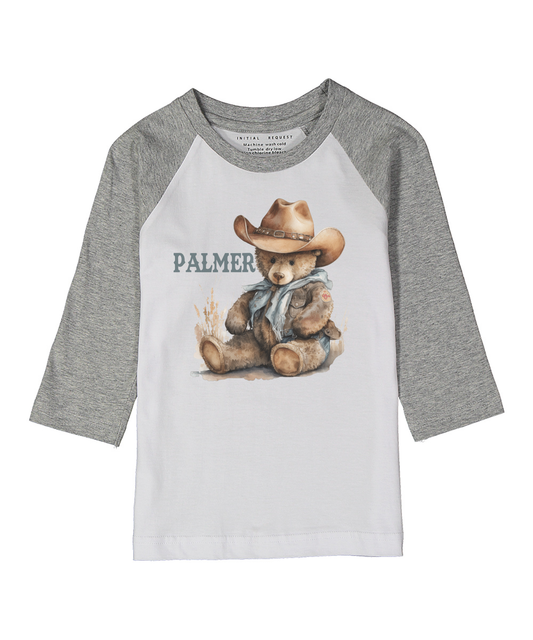 Teddy Bear Cowboy Personalized Gray Raglan Tee Personalized