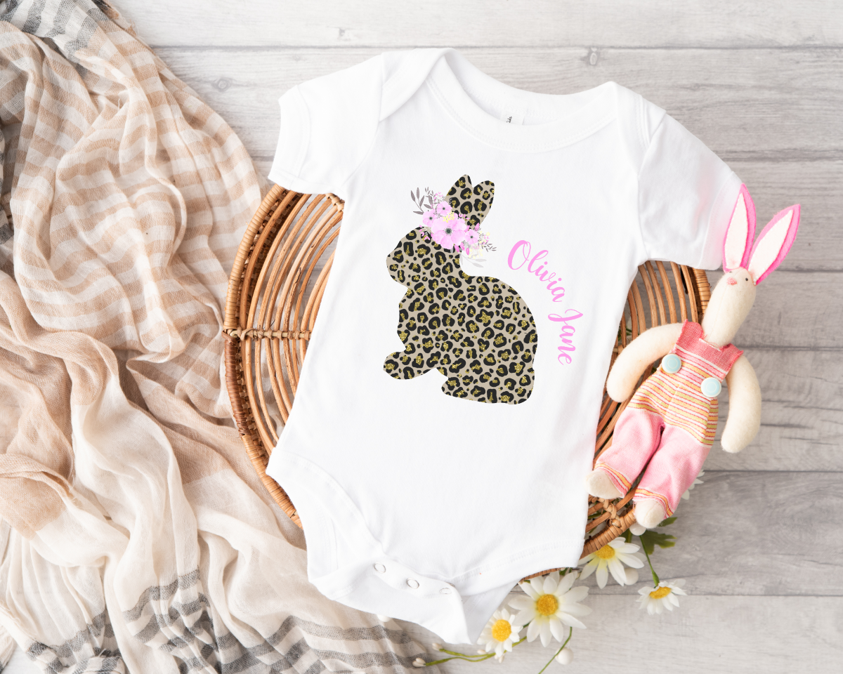 Leopard Print Bunny Personalized Short Sleeve Onesie