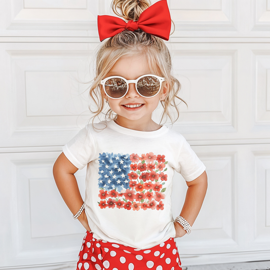 Floral American Flag July 4th Short Sleeve Tee for Girls