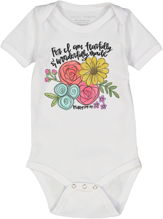 I am Fearfully and Wonderfully Made Floral girl's short sleeve onesie Psalm 139:14
