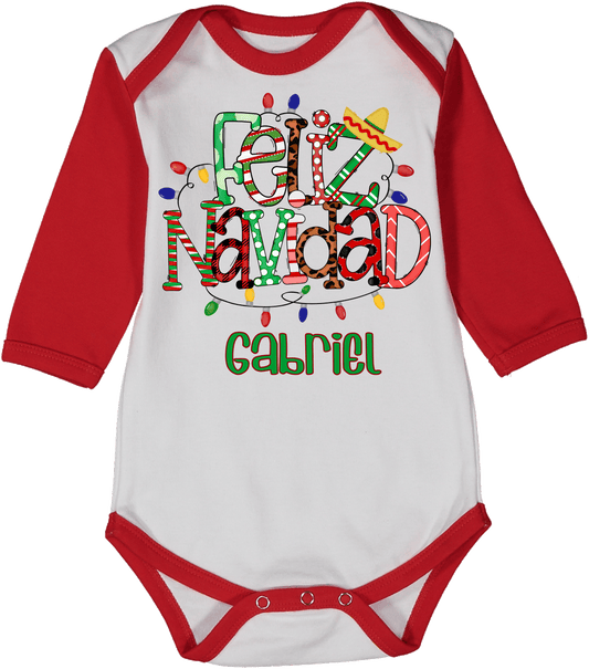 Personalized Feliz Navidad Lights Red Raglan Onesie