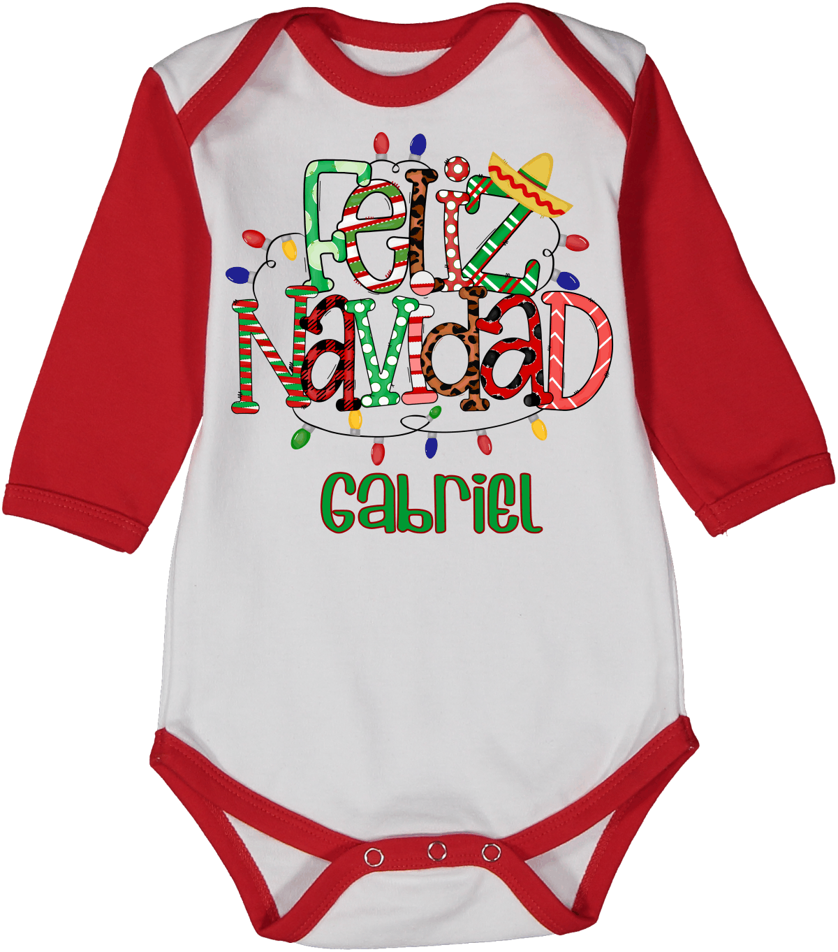 Personalized Feliz Navidad Lights Red Raglan Onesie