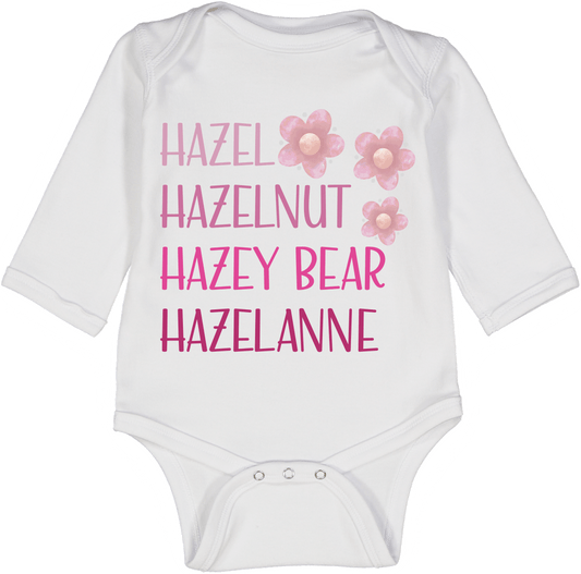 White & Pink Floral Four-Name Personalized Long-Sleeve Bodysuit