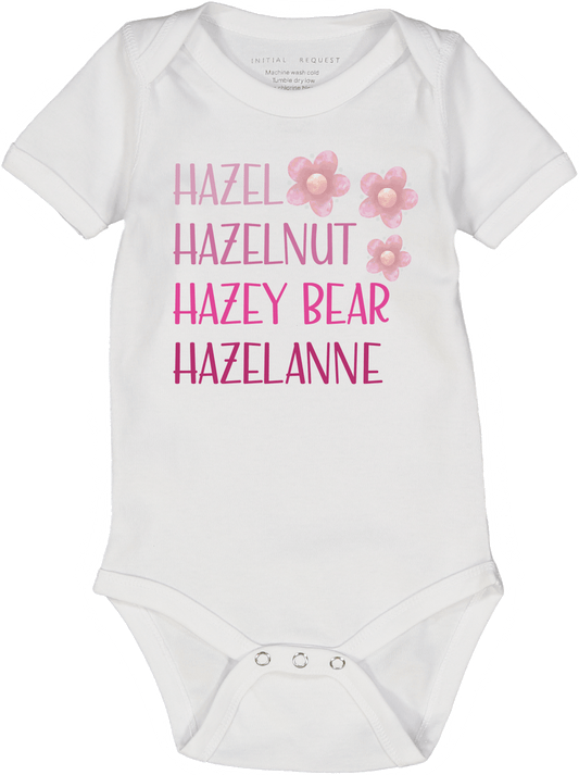 White & Pink Floral Four-Name Personalized Short-Sleeve Bodysuit