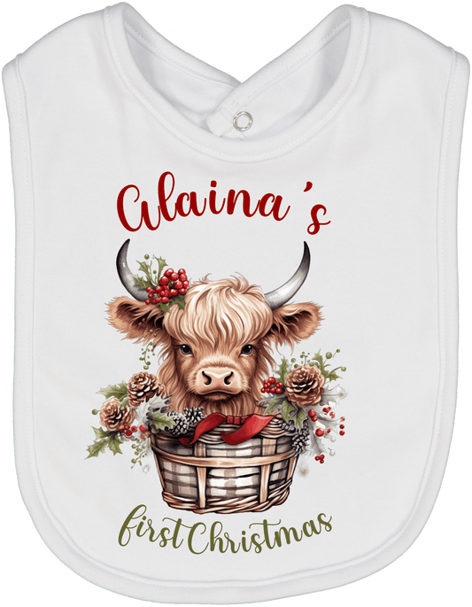 Highland Cow First Christmas Basket Personalized Bib