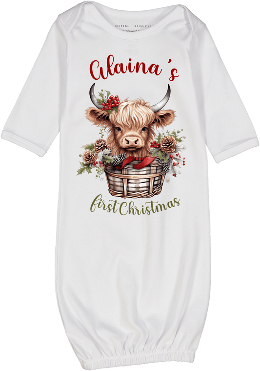 Highland Cow Basket Personalized First Christmas Gown