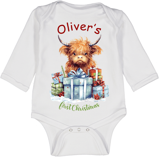 Highland Cow Presents First Christmas Personalized  LS Body 1
