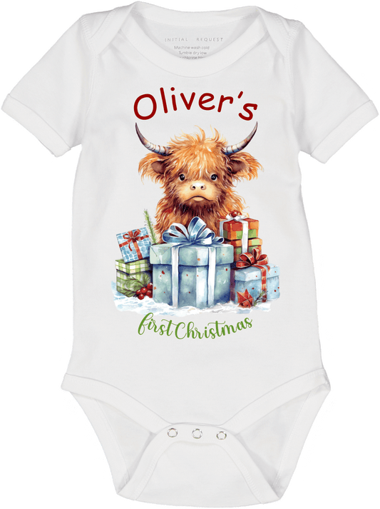 Highland Cow Presents Personalized First Christmas SS Body