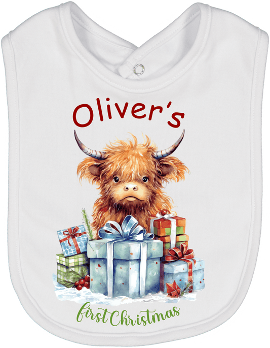 Highland Cow First Christmas Presents Bib Personalized