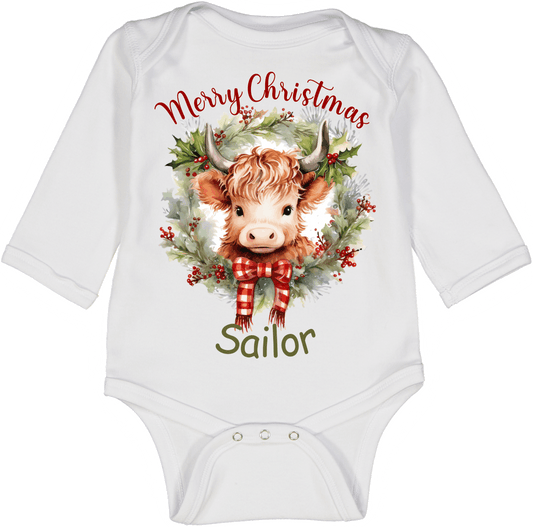 Highland Cow Christmas Wreath Personalized LS Body 1