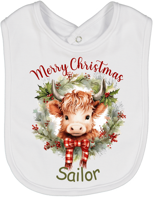 Highland Cow Merry Christmas Wreath Personalized Bib