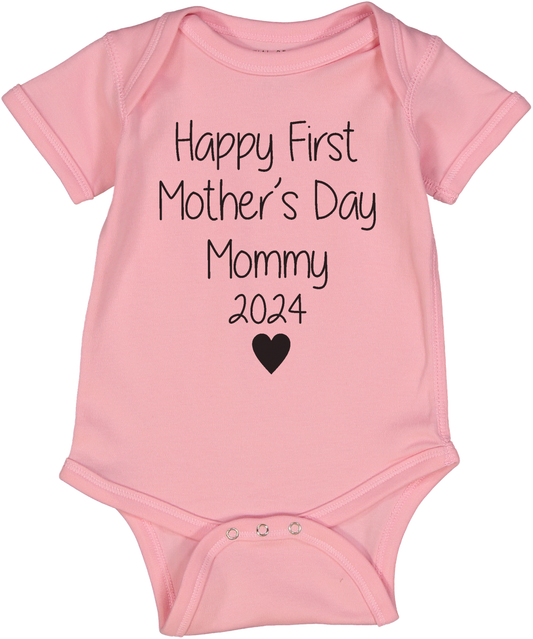 Happy First Mother's Day 2024 Short Sleeve Onesie in Pink Blue or Gray