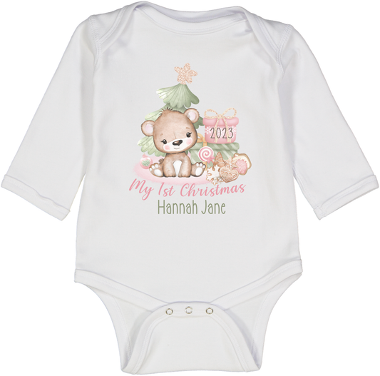 My First Christmas 2023 Bear Pink Tree Girl LS Personalized Body 1