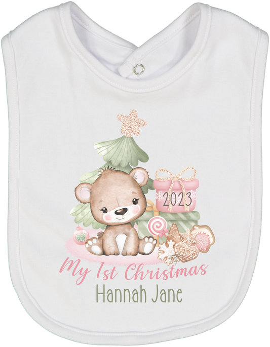 My First Christmas 2023 Bear Pink Tree Girl Personalized Bib 3