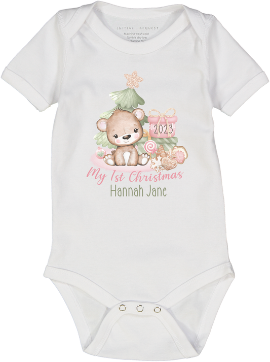 My First Christmas 2023 Bear Pink Tree Girl Personalized SS Body