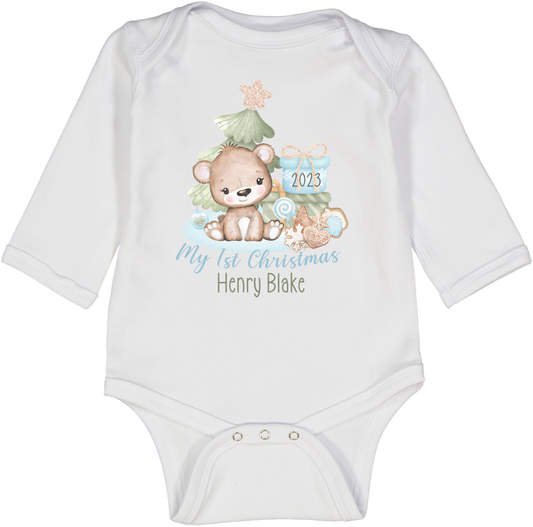 Personalized My First Christmas 2023 Bear Boy Tree LS Body 1