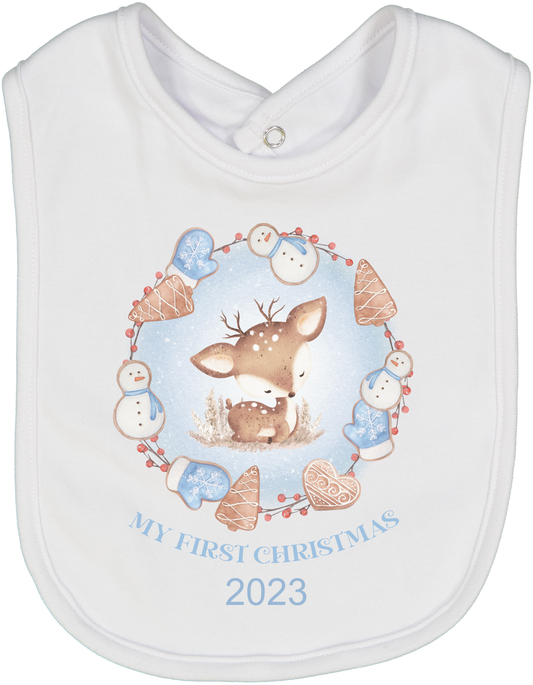 My First Christmas Deer Blue Frame Bib 3
