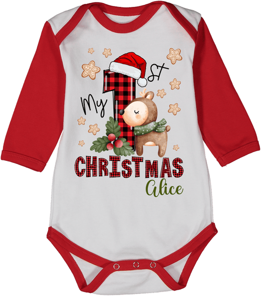 My First Christmas Reindeer Red Raglan Personalized Body 5