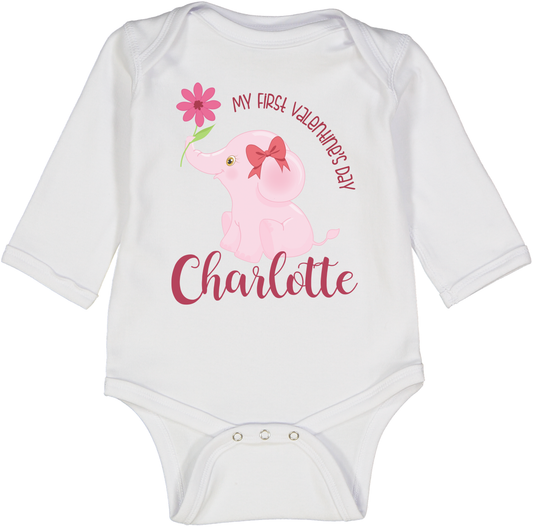 My First Valentine's Day Pink Elephant Long Sleeve Onesie