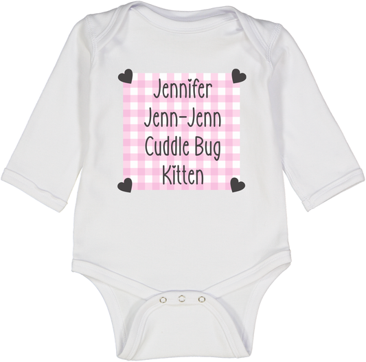 White & Pink Gingham Frame Four-Name Personalized Long-Sleeve Bodysuit