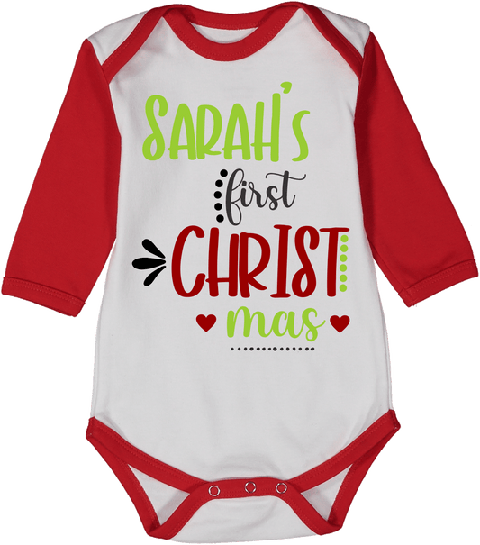 Red Green First Christmas Red Raglan Body Personalized