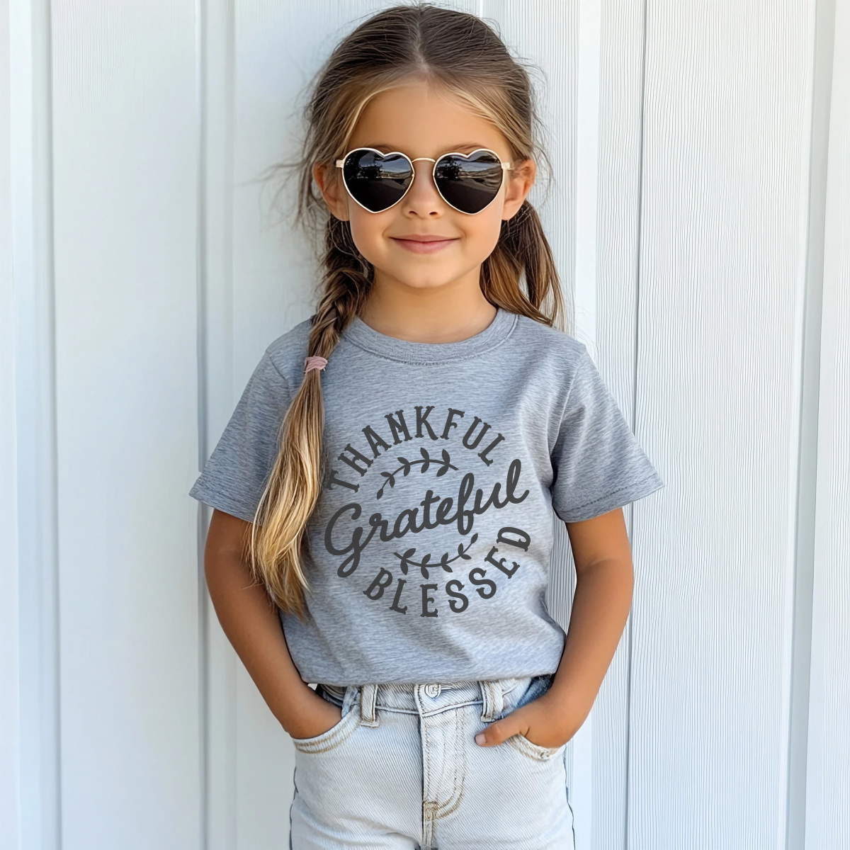 Thankful Grateful Blessed Gray Short or Long Sleeve Tee for Boys & Girls