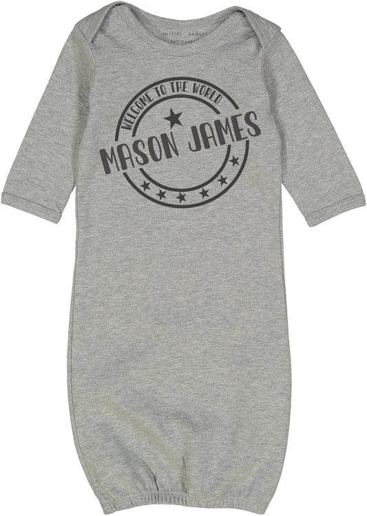 Welcome to the World Boy Gray Gown Personalized