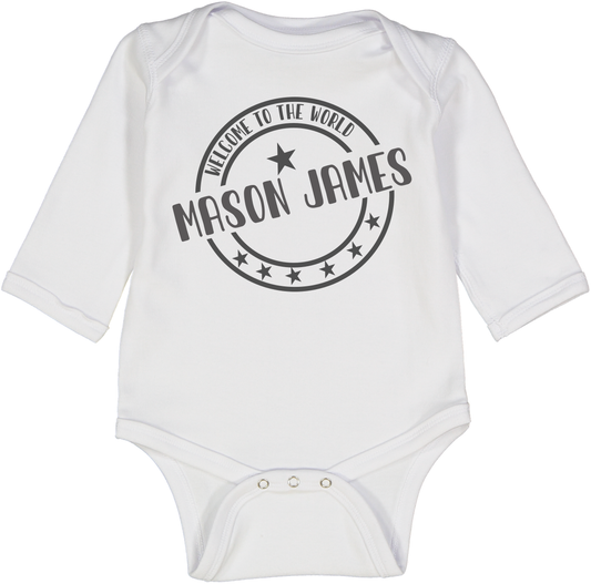 Welcome to the World Boy White LS Body Personalized