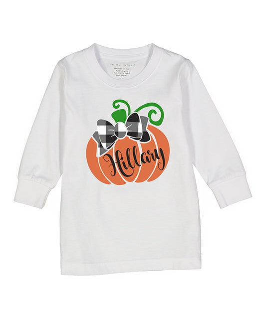 Personalized Long Sleeve Pumpkin Gingham Bow Girls Tee