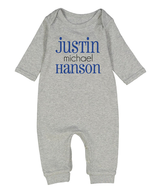 First Middle Last Names Personalized Gray or Blue Romper for Boys