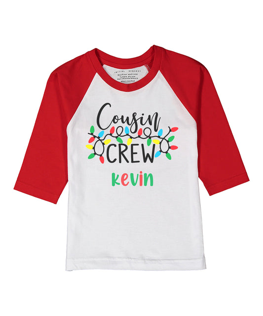 Personalized Christmas Cousin Crew Lights Red Raglan Tee for Boys & Girls
