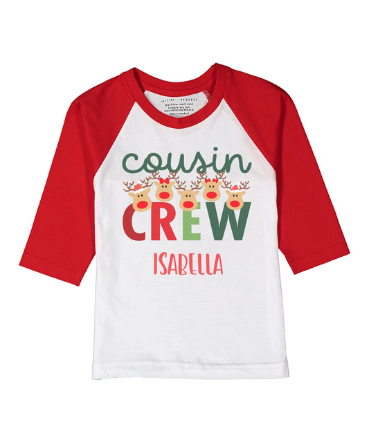 Personalized Christmas Cousin Crew Reindeer Red Raglan Tee