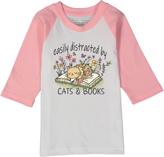 Easily Distracted by Cats & Books Pink Raglan Tee