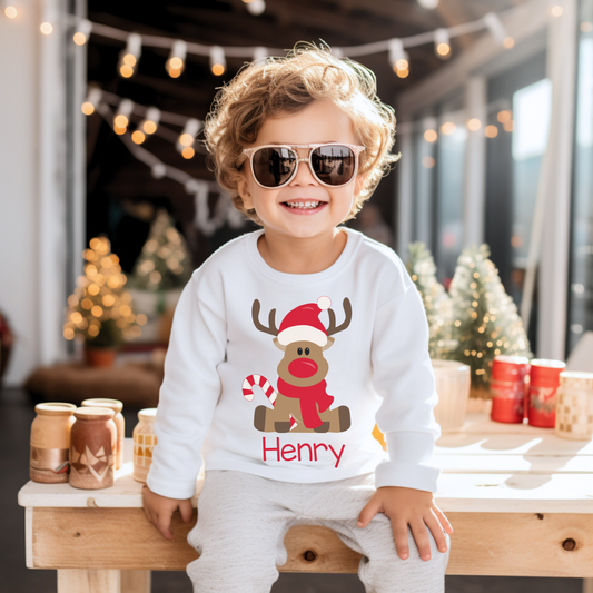 Personalized Reindeer candy cane Long Sleeve Tee for Boys & GIrls