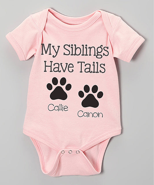 My Siblings Have Tails Baby Girl Personalized Pink Short Sleeve Bodysuit