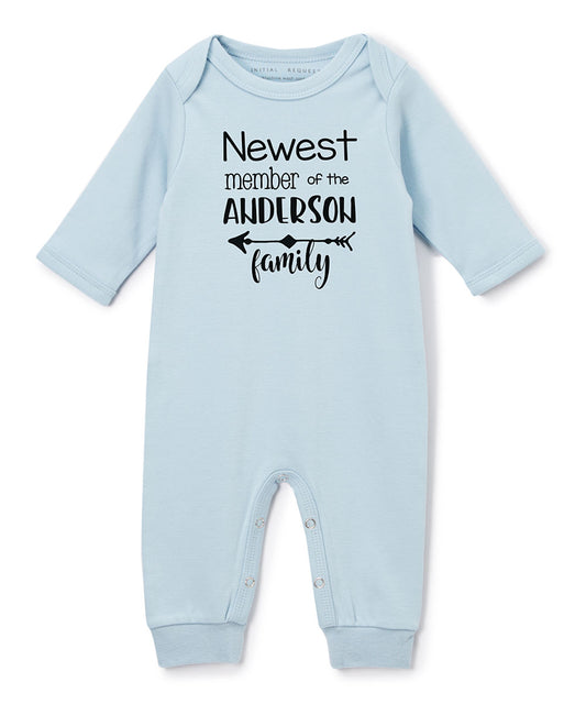 Personalized Newest Member of the Family Blue Romper
