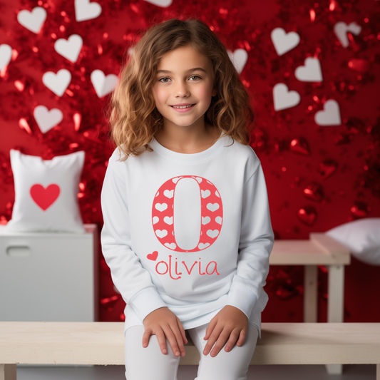 Red & White Heart Personalized Initial Name LS Tee